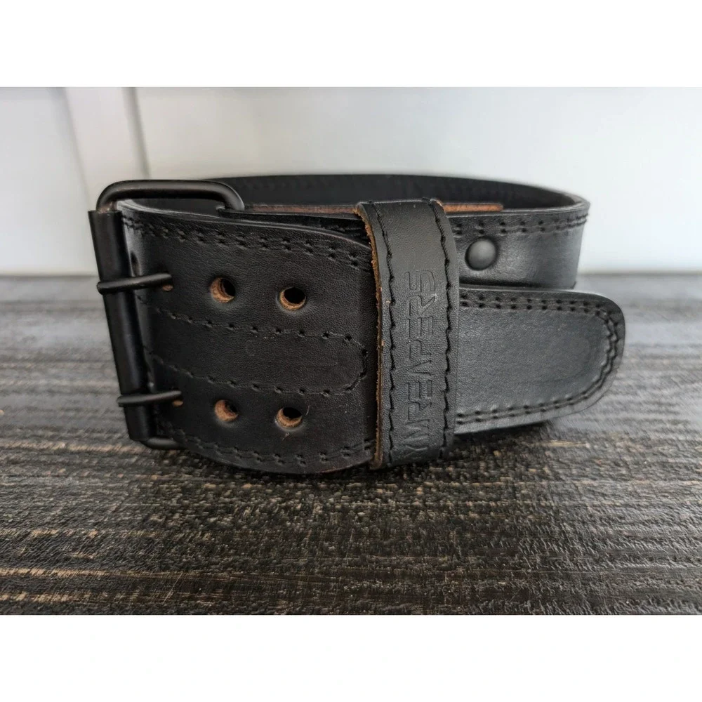 Gymreapers 6mm Weightlifting Black Leather Belt With Double Prong Buckle Large